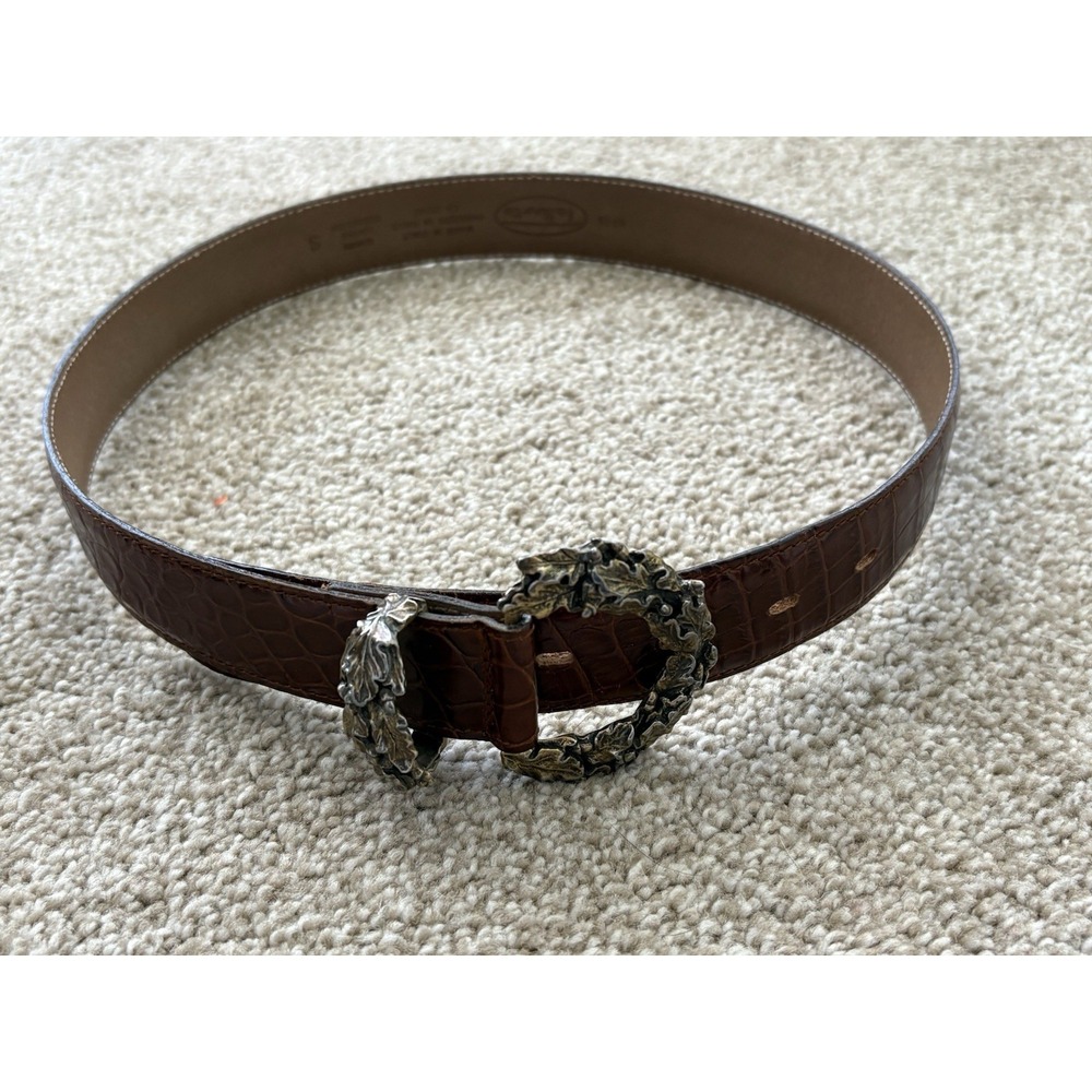 TALBOTS Brown Alligator Texture Leather Belt Made in Italy Leaf Buckle Small